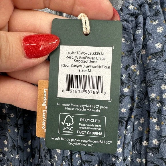 tentree Woven Canyon Blue Flourish Floral Smocked Crepe Dress Cottagecore Medium - Picture 6 of 12